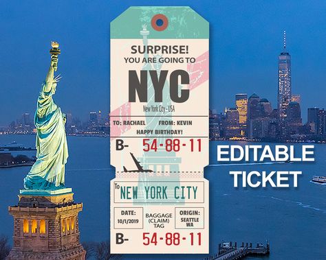 New York Surprise Trip Ticket, Editable Ticket, Printable Ticket, Boarding Pass, Vacation Ticket, Travel Ticket, NYC Birthday Ticket Travel Trivia Questions, Nyc Birthday, Birthday Ticket, Surprise Trip Reveal, Ticket Printable, Surprise Vacation, Travel Ticket, Printable Tickets, Travel Tickets