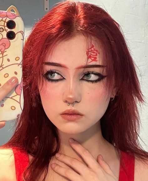 Red Hair Cosplay, Gaara Cosplay, Star Girl Aesthetic, Punk Japanese, 2000s Y2k Aesthetic, Y2k Aesthetic Grunge, Japanese 2000s, E Girl Makeup, Anime Eye Makeup