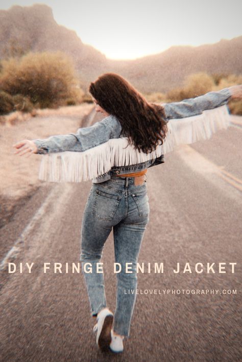 DIY Vintage Denim Fringe Jacket Tutorial | How to decorate a denim jacket | Live Lovely Photography | #roadtrip #roadtripoutfit #denimjacket #DIY #DIYdenimjacket #vintagedenimjacket #vintagedenim #lifestyleblogger #roadtripstyle #fashionblogger #vintagedenim #USA #DIYdenimjacket #fringejacket #fringe #Connecticutblogger #fashionstatement #jacket #denim #makeityourself #howto #decorate Adding Fringe To Jean Jacket, Add Fringe To Jean Jacket, How To Add Fringe To A Jean Jacket, Diy Fringe Denim Jacket, Decorating Denim Jackets, Jean Jacket Decorating Ideas, Fringe Denim Jacket Outfit, Fringe Jacket Diy, Diy Fringe Jacket