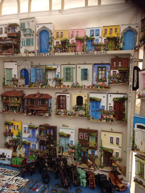 Recycled Miniature House, Miniature Neighborhood, Miniature Street, Miniature City, Italian Street, Pottery Houses, Doll House Plans, Travel Keepsakes, Junk Art