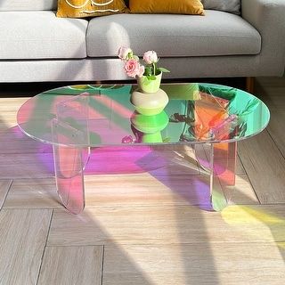 Acrylic Rainbow Color Coffee Table Iridescent Glass Round Side Table - On Sale - Bed Bath & Beyond - 36742086 Acrylic Side Table, Funky Living Rooms, Colorful Coffee Table, Iridescent Acrylic, Bleecker Street, Acrylic Coffee Table, Glass End Tables, Oval Coffee Tables, Acrylic Table