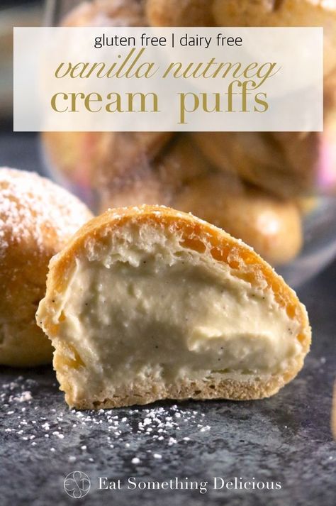 Frozen Cream Puffs, Gluten Free Vegan Cream Puffs, Non Dairy Pastry Cream, Nutmeg Desserts, Dairy Free Pastry Cream, Vegan Popovers, Dairy Free Cream Puffs, Vegan Cream Puffs Recipe, Vegan Cream Puffs