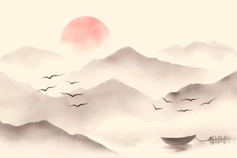 Traditional Chinese Watercolor Painting, Chinese Landscape Painting Horizontal, Asian Watercolor Art, Landscape Japanese Art, Traditional Chinese Art Landscape, Chinese Watercolor Painting Landscape, Japanese Mountain Painting, Chinese Painting Easy, Japan Landscape Painting