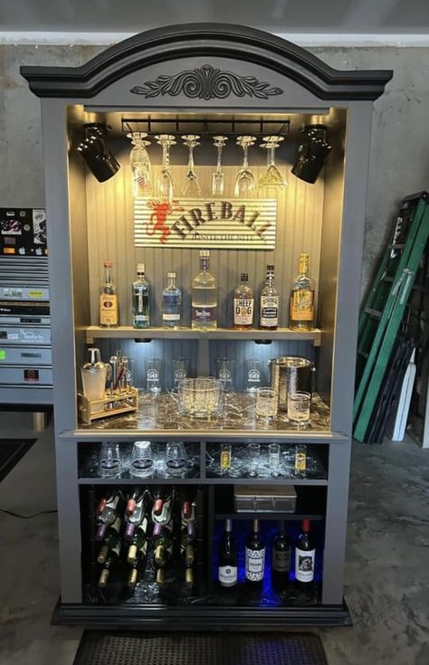 Repurposed Armoire Ideas Mini Bars, Homemade Bar Cabinet, Armoire Converted To Bar, Diy Liquor Bar Ideas For Home, Armoire Bar Ideas, Turning A Dresser Into A Bar, Liquor Station Ideas, Dresser Made Into Bar, Repurposed Liquor Cabinet