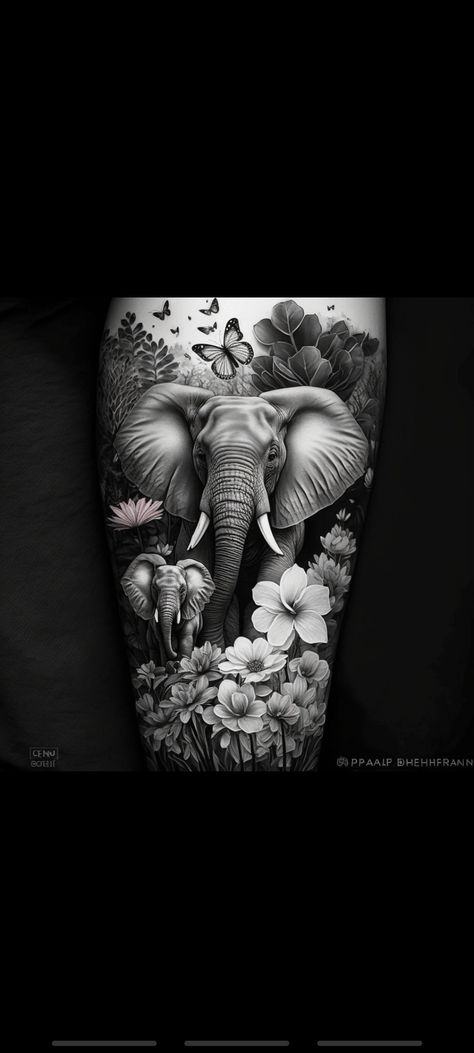 Elephant With Bird Tattoo, Elephant Arm Sleeve Tattoo, Tree Of Life Elephant Tattoo, Elephant Clock Tattoo, Elephant Memorial Tattoo Mom, Safari Sleeve Tattoo Women, Elephant And Flowers Tattoo Design, Elephant Cover Up Tattoos, Safari Tattoo Sleeve Women