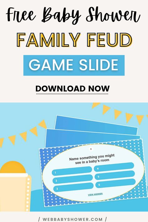 If you're looking for a fun virtual baby shower game to play, grab this free Baby Shower Family Feud Game Slides for a fun celebration! It's the perfect game for any kind of baby shower and guaranteed to be loved by all your guests. #freebabyshowergames #babyshowergameslides Baby Feud Game, Family Feud Baby Shower Questions, Family Feud Baby Shower Game, Diy Family Feud, Baby Shower Family Feud, Baby Shower Questions, Online Baby Shower Games, Virtual Baby Shower Ideas, Nikki Baby