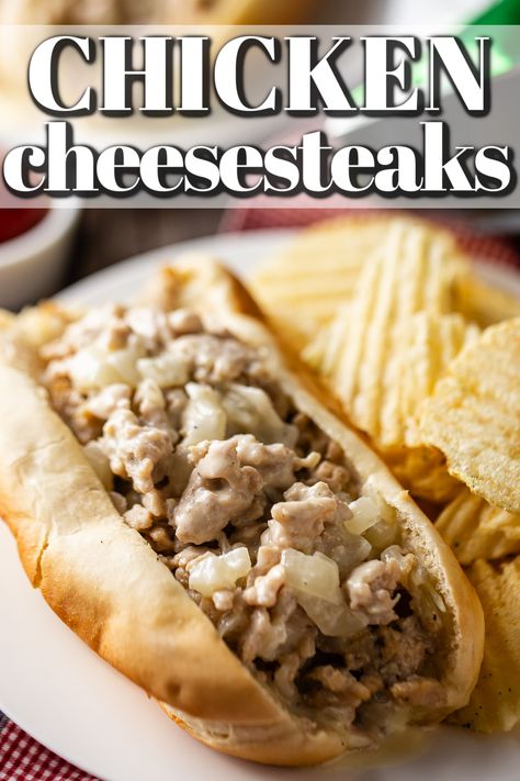 My kids go crazy when I make this homemade chicken cheesesteak recipe! It's so good and it only takes like 15 minutes! Chicken Cheesesteak Seasoning, Chicken Philly Recipe, Healthy Chicken Cheesesteak, Ground Chicken Cheesesteak Recipe, Chicken Cheesesteak Sandwich, Homemade Chicken Philly Cheesesteak, Homemade Chicken Cheesesteak, Easy Chicken Philly Cheesesteak, Chicken Cheesesteak Blackstone