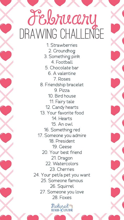This February Drawing Challenge is perfect for kids and adults. Draw or Doodle through the month of February. This Challenge is full of February themes and topics like strawberries, football, Valentines, birds, love and more. Get ready to relax, find joy in each thing, and get your creativity flowing. #drawing #drawingchallenge February Drawing Challenge, Drawing Challenge For Kids, Football Valentines, February Themes, 30 Day Art Challenge, Art Journal Challenge, Mini Toile, 30 Day Drawing Challenge, Journal Challenge