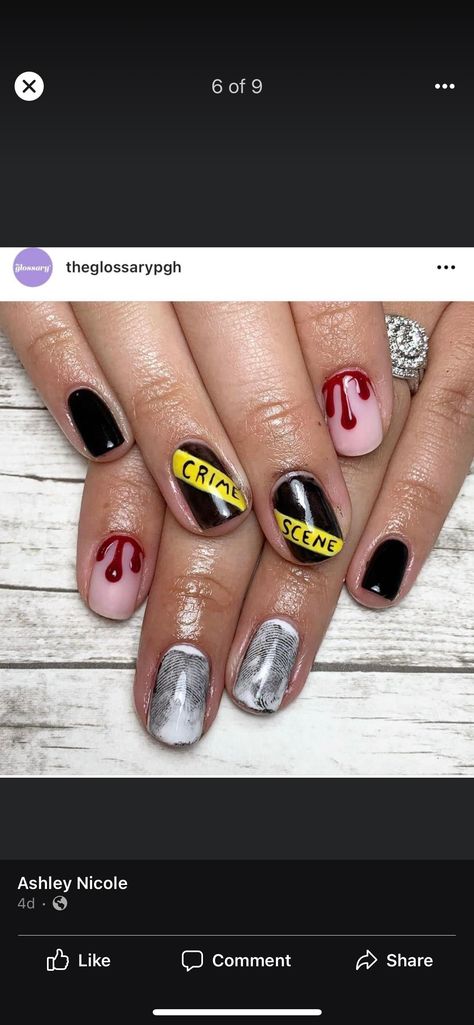 Halloween Prisoner Nails, Cop Nails Designs, Caution Tape Nails, Police Nails Designs, Cop Nails, Police Nails, Homemade Nails, Halloween Cop, Cop Halloween Costume