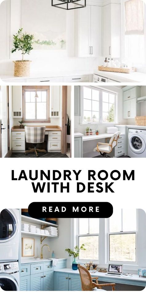 Discover how to transform compact laundry rooms into luxurious spaces by incorporating a desk area. Get inspired by ingenious small laundry room designs Office In Laundry Room Small Spaces, Laundry And Office Combo, Laundry Room With Office Space, Laundry Sewing Room Combo, Office In Laundry Room, Office Laundry Room Combo, Laundry Room And Office Combo, Laundry Room With Desk, Laundry Room Office Combo