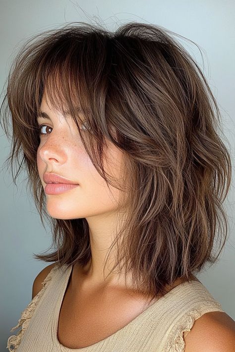 Textured Brunette Shag with Feathered Ends, medium-length shag haircut Layered Hair Shag Medium, Middle Length Shag Haircut, Shaggy Medium Length Hair Choppy Layers, Soft Shag With Bangs, Shaggy Cut Medium, Medium Length Shag Haircuts Modern, Mid Length Shag Haircut With Bangs, Shag Lob Haircut, Modern Shag Haircuts Medium