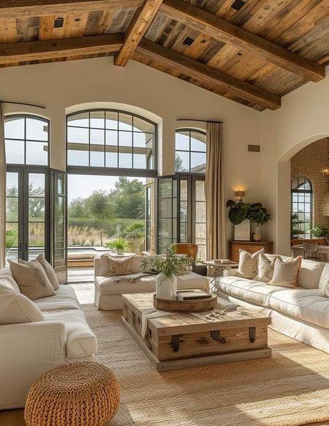 California Neutral Living Room, Living Room Ranch Style House, Boho House Inspiration, Living Room With Lots Of Windows, Living Room With Big Windows, Neutral Cozy Living Room, Western Living Room Ideas, Western Living Room, Family Room Furniture