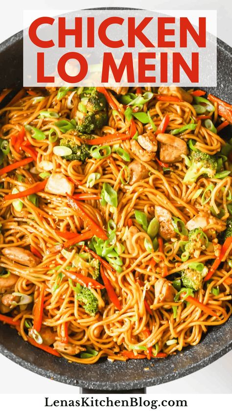 This Chicken Lo Mein is the ultimate comfort food, with its ultra-savory sauce, tender chicken bites, and perfectly cooked veggies. It only takes about 20 minutes to make and tastes so much better than takeout! Serve it with freshly chopped green onions and a sprinkle of sesame seeds for an easy weeknight dinner. Chicken Broccoli Lo Mein, Blackstone Lo Mein, Chicken Low Mein, Chicken Lo Mein Recipe Easy, Low Mein Recipe, Top Ramen Recipes, Frozen Chicken Crockpot, Veggie Lo Mein, Chicken Lo Mein Recipe