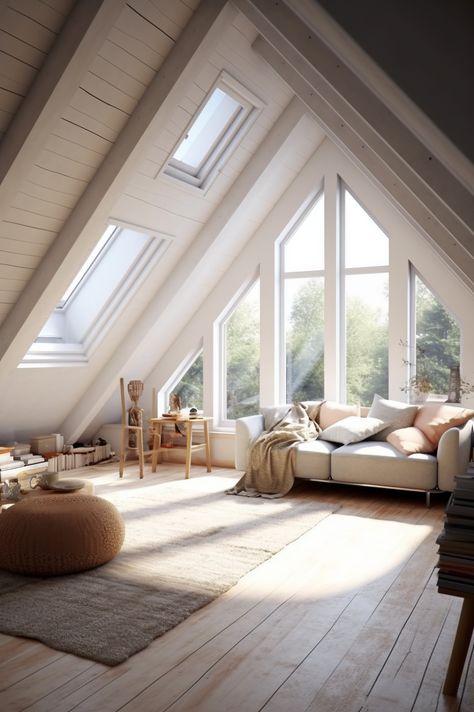 Pitched Roof Attic Conversion, Roof Loft Ideas, French Attic Apartment, A Frame Bonus Room, Attic Open Space, Attic Window Ideas, Attic To Bedroom Conversion, Attic Master Suite Angled Ceilings, Attic Apartment Ideas