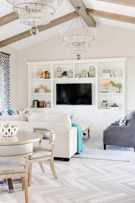 Bright and Airy Transitional Great Room, Hgtv Living Room, Beam Ceilings, Vaulted Ceiling Living Room, Living Room Built Ins, White Furniture Living Room, Wood Beam, Wood Beam Ceiling, Coastal Living Rooms