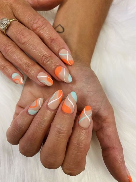 Nail Ideas Two Colors, Birthday Summer Nails Almond, Almond Nails For Beach, Almond Nails Designs Preppy, Short Almond Acrylic Nails Orange, Beach Acrylic Nails Coffin, Simple Nail Designs Beach, Cute Abstract Nail Designs, Beach Almond Nails Designs