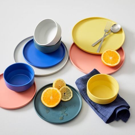 REI and West Elm’s New Outdoor Line Starts at Just $6 - Dwell Hotel Accessories, Rimmed Plates, Cream Photography, Pink Dinnerware, Work Photography, Melamine Dinnerware Sets, Outdoor Dinnerware, Modern Dinnerware, Melamine Dinner Plates