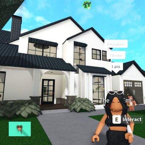 soft lit modern farmhouse + 210k (less without custom structural builds) + 4 bedrooms, but can sleep 6 + 3 bathrooms + 2 car garage + family room + backyard possible + this was an original build!! it's for my friend + follow her on Roblox @PeachGurl2022 + enjoy & follow for more <3 (lighting color: cloudy grey and/or flint, Interior wall color: light stone grey, exterior wall color: white, floor color: dark taupe, roof: black roof tiles, window & door color: black frame with cloudy grey glass) Home Wall Colour, Interior Wall Colors, Blocksburg Room Ideas￼, Black Roof, Small House Layout, City Layout, Tiny House Layout, Diy House Plans, Small House Floor Plans