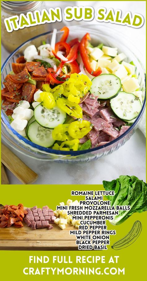 Healthy Italian Sub Salad, Low Carb Cold Salads, Italian Sun Salad, Healthy Quick Lunch Ideas For Work, Chopped Italian Sub Salad, Italian Sub In A Bowl, Subway Salad Recipes, Pizza Salad Recipe, Low Carb Summer Salads