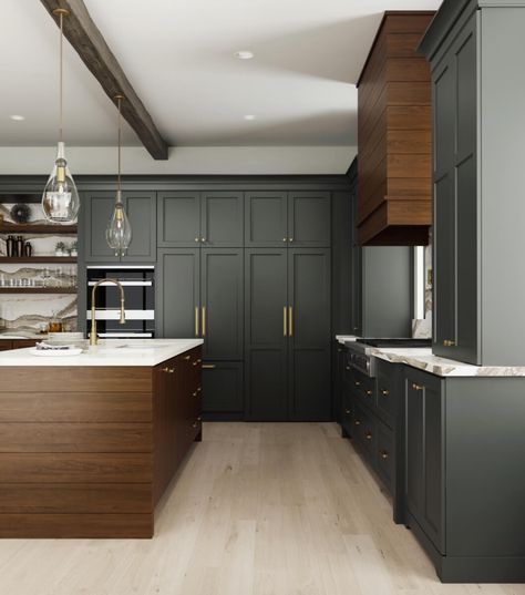 Dura Supreme Cabinets, Cabinetry Kitchen, Walnut Kitchen, Kitchen Pantry Design, Wood Kitchen Cabinets, Cabinetry Design, Green Cabinets, Dark Kitchen Cabinets, Pantry Design