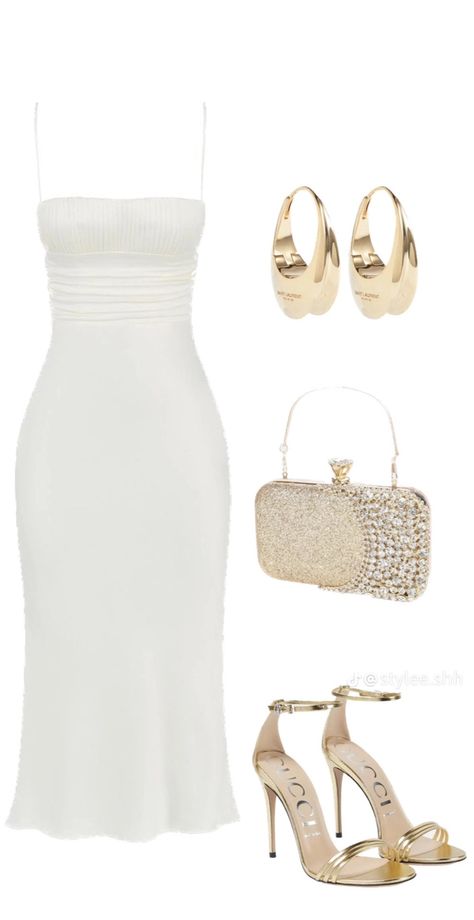 White Dress Gold Heels Outfit, White And Gold Outfits Parties, White And Gold Outfits, Overdressed Outfits, Classy Party Outfit, Celebrity Casual Outfits, Classy Fits, Oufits Casual, Gold Outfit