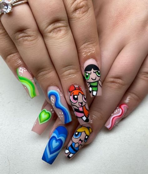 Powerpuff Girls Nails Acrylic, Powerpuff Girl Nail Art, Power Puff Nails, Power Puff Girls Nails, Powerpuff Nails, Nails Coffin Short, Bright Summer Nails Designs, Acrylic Nail Designs Coffin, Girls Nail Designs