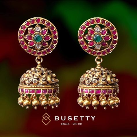 Kgf Jewellery, Antique Jumka, Buttalu Designs, Gold Buttalu, Big Earrings Gold, Ruby Necklace Designs, Antique Gold Earrings, Gold Jhumka Earrings, Pure Gold Jewellery