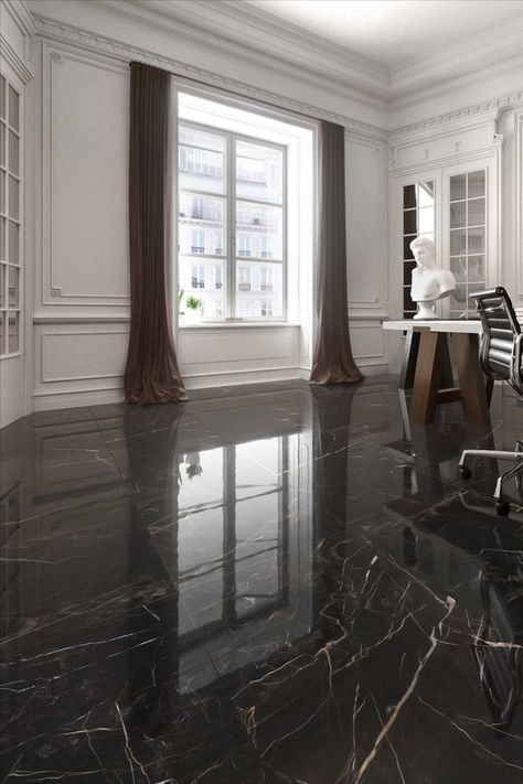 Black Marble Floor Living Room, Black Floor Ideas, Black Marble Floor Tile, Dark Marble Floor, Black Marble Living Room, Marble Floor Living Room, Marble Floor Design, Grey Flooring Living Room, Stairs Tiles Design