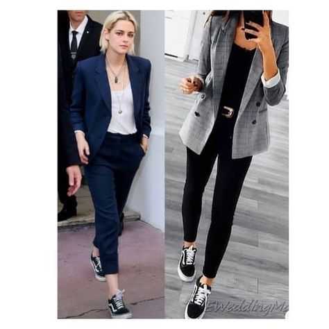 Office Outfits Women Vans, Wear To Work With Sneakers, Vans And Dress Pants, Work Wear With Tennis Shoes, Business Wear With Sneakers, Vans Blazer Outfit, How To Dress Up Tennis Shoes For Work, Business Casual Outfits With Tennis Shoes For Women, Sneakers With Blazer Women