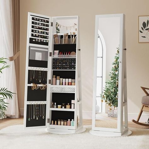 Dripex 360°Swivel Jewellery Cabinet Mirror, 3 in 1 Lockable Jewellery Organisers Armoire with Storage Shelf, Freestanding Jewelry Organiser Full Length Mirror (White) Bag Cabinet, Mirror Organizer, Stand Up Mirror, Jewelry Storage Cabinet, Mirror With Storage, Mirrored Armoire, Cabinet Mirror, Lipstick Box, Bracelet Bar