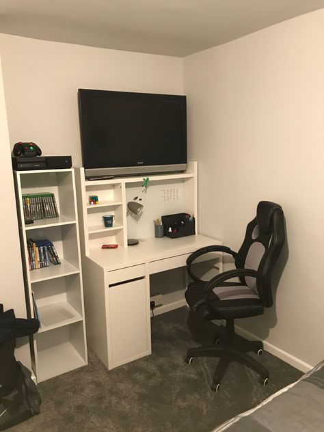 Teen boys room. Ikea micke desk. Xbox. Games. Storage. Teen Boy Room Desks, Ikea Mikey Desk Ideas, Mickey Desk Ikea, Mickie Desk Ikea Ideas, Ikea Micke Desk Gaming Setup, Small Room Ideas With Desk, Ikea Mickie, Small Micke Desk, Ikea Micke Desk Organization