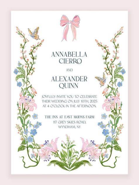 Personalize this garden party-inspired wedding invitation and itinerary with your unique details. This wedding invitation features a hand-painted illustration, resulting in a charming design adorned with wildflowers, butterflies, and other floral motifs. This particular design has a green color palette with pops of yellow, pink, and lavender. Wedding Invitations Flowers, Seaside Wedding Invitations, Garden Party Wedding Invitations, Wedding Invitations Garden, Garden Party Invitations, Green Color Palette, Floral Invitations Template, Painted Illustration, Garden Wedding Invitations