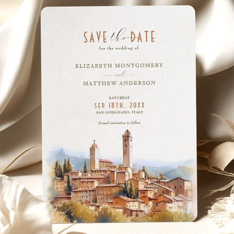 Save The Date Tuscan Wedding San Gimignano Italy Invitation #zazzle #weddinginvitations #birthdayinvitations #babyshowerinvitations #zazzleinvitations #monogram #businesscards #graduation #homedecor Gimignano Italy, San Gimignano Italy, Tuscan Wedding, Italian Countryside, Amalfi Coast Italy, Save The Date Card, Formal Invitation, Save The Date Invitations, Popular Wedding