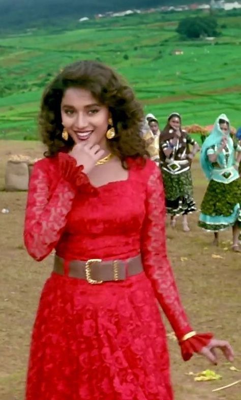 Madhuri 90s Outfits, Madhuri Dixit In 90s Fashion, Retro Bollywood Theme Party Outfit, Madhuri Dixit In 90s, Retro Bollywood Outfits, Bollywood Theme Party Outfit, Madhuri Dixit Saree, Hum Aapke Hain Koun, Celebrities Tattoos