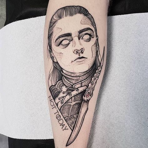 Arya Stark by Cutty Bage (@cuttybage) from Boone, NC, USA #blxckink #artcollective #tattoooftheday #artists #artcollector #tattoo2me #bodyart #tattooedwomen #blacktattoo #artistic #tattooaddicts #tatouage #tattoolover #artsy #tattooartist #lovettt #tattoocommunity #sharon #tattooed #aryastark #nottoday #brienneoftarth #motherofdragons #usatattoo #tattoousa #boonetattoo #daenerystargaryen #charleyday Arya Stark Tattoo, Game Of Thrones Tattoo Ideas, A Sleeve Tattoo, Game Of Thrones Tattoo, Bookish Tattoos, Usa Tattoo, Fan Tattoo, Fantasy Tattoos, Gaming Tattoo