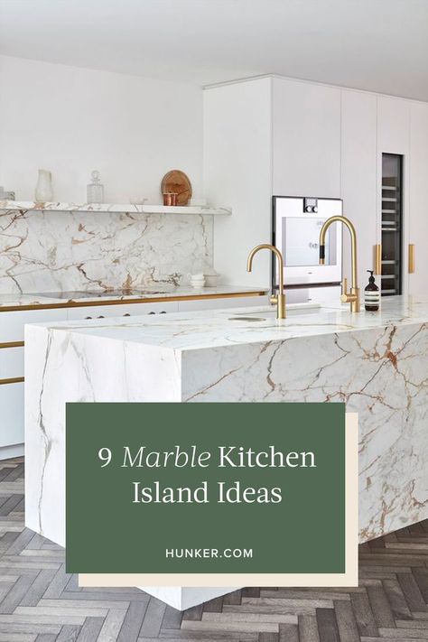 The diverse tones, textures, and grains of marble can bring a modern aesthetic to your kitchen island. It's a pretty timeless material too. Want proof a marble kitchen island can work anywhere and tips for accomplishing the look? #hunkerhome #marble #kitchen #kitchenisland #marblekitchenisland Modern Kitchen Marble Countertops, Marble Kitchen Aesthetic, Beige Marble Kitchen, No Island Kitchen, Marble Island Kitchen, Modern White Kitchen Island, Kitchen Island Marble, White Marble Kitchen Island, French Kitchen Ideas