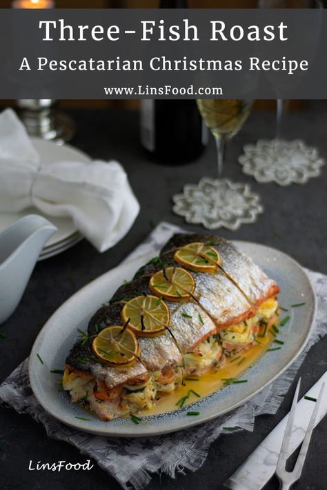 Three-fish roast recipe, a great centrepiece for a Pescatarian Christmas. Two salmon sides filled with smoked haddock and prawns (shrimp). #pescatrianrecipes, #christmasrecipes, #thanksgivingrecipes, #linsfoo Christmas Fish Recipes, Pescatarian Christmas, Salmon Sides, Seafood Cravings, Christmas Fish, Masterchef Recipes, Smoked Haddock, Stuffed Fish, Comfort Recipes