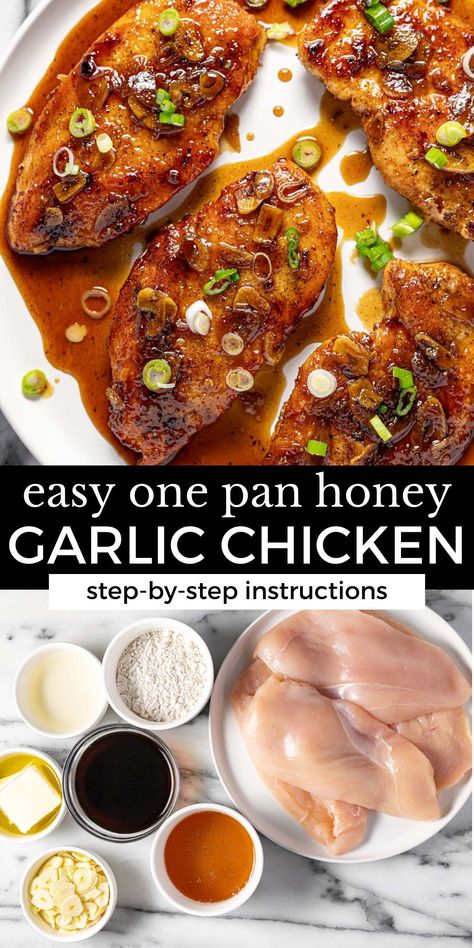 This garlic chicken with honey sauce comes together in just 20 minutes and all in one pan! It's made with just a handful of simple ingredients but it's also LOADED with flavor. Honey Sauce For Chicken, Simple Chicken Alfredo Recipe, Chicken With Honey, Honey Garlic Chicken Thighs, Crusted Chicken Recipes, Creamy Chicken Enchiladas, Night Recipes, Honey Garlic Sauce, Chicken Slices