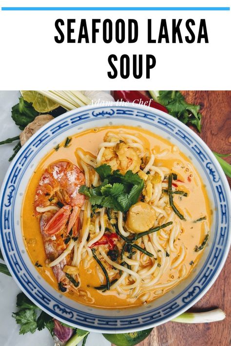 Seafood Laksa Recipe, Scallops Soup Recipe, Laksa Soup Recipe, Seafood Laksa, Curry Stir Fry, Laksa Recipe, Laksa Soup, Soup Seafood, Seafood Scallops