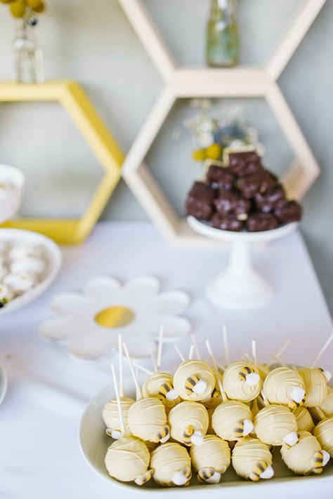 Bees 1st Birthday, First Bee Day Party Snacks, Bee Day Cake Pops, Our Honey Is One Birthday, Honeybee Party Food, First Bee Day Dessert Table, Boho Bee Birthday, My First Bee Day Party, Beeday Party First Birthdays