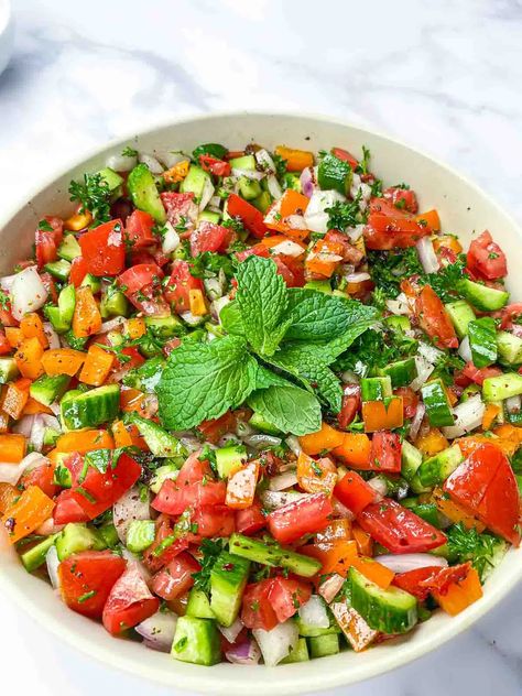 Turkish Shepherd Salad: Çoban Salatas | Sinful Kitchen Shepherd Salad, Turkish Salad Recipes, Turkish Flat Bread, Turkish Vegetables, Turkish Salad, Turkish Spices, Lebanese Salad, Mediterranean Salad Recipe, Grape Salad