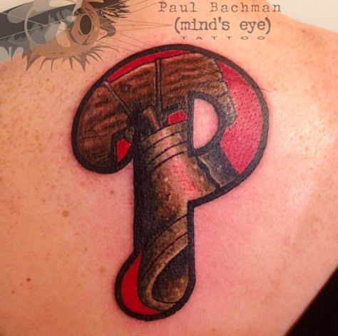 Perfect for my Philly guy:) Phillies P Tattoo, Philly Tattoo Ideas Philadelphia, Phillies Tattoo Ideas, Philly Tattoo Ideas, Phillies Tattoo, Liberty Bell Tattoo, Pennsylvania Tattoo, Sean Tattoo, Philly Tattoo