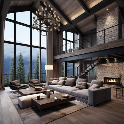 Lighting House Interior Ceilings, Tall Ceiling Window Treatments, Industrial High Ceiling Living Room, Living Room With Open Ceiling, Scandinavian Great Room, Middle Room Fireplace, Living Room With Modern Fireplace, Different Home Styles Interior, Living Room High Ceiling Design