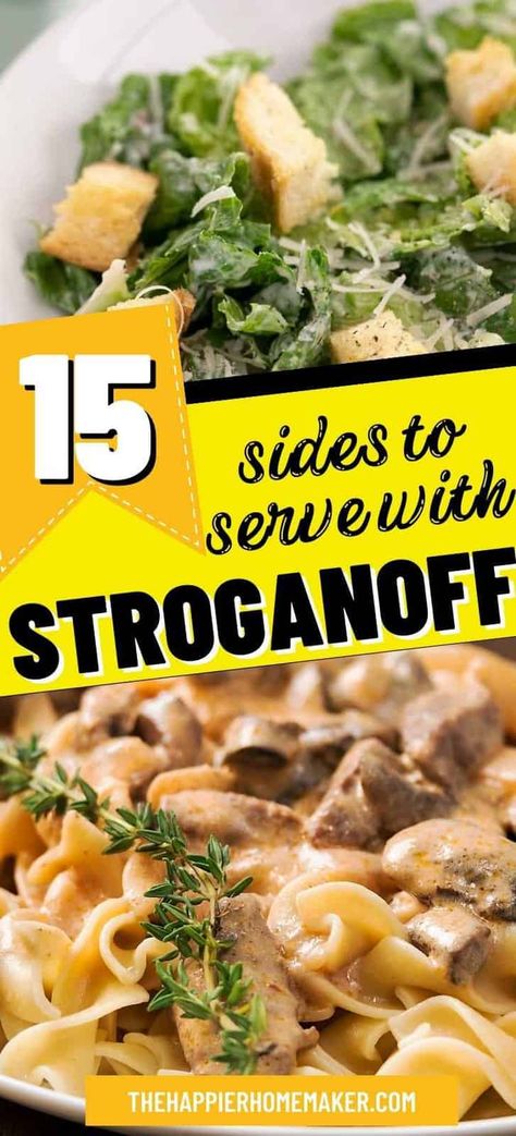 If you're wondering what to serve with beef stroganoff, we have you covered with 15 tasty side dishes! Whether you are making it from scratch or whipping up a quick batch of Hamburger Helper beef stroganoff, try one of these 15 side dishes to complete your meal so everyone leaves the dinner table full and satisfied. What To Serve With Stroganoff, Sides For Beef And Noodles, Stroganoff Side Dishes, Sides For Beef Stroganoff Dinners, Hamburger Helper Stroganoff Add Ins, What To Serve With Beef Stroganoff, Beef Stroganoff Side Dishes, Hamburger Helper Sides Dishes, Beef Strognoff