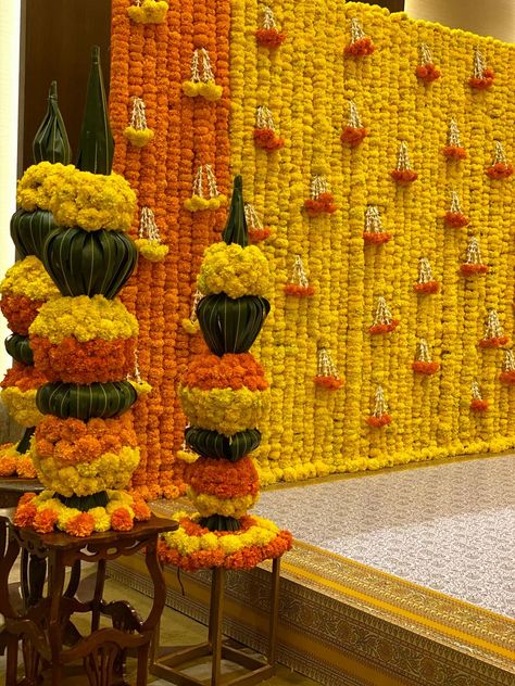 Photo From MARIGOLD MAGIC - By The Tailored Tale Leaf Decor Wedding, Small Wedding Decor, Simple Stage Decorations, Home Flower Decor, Diwali Decorations At Home, Wedding Background Decoration, Wedding Entrance Decor, Hallowen Ideas, Mandap Decor