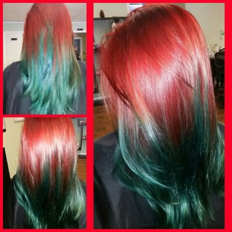 Red to joico peacock green ombré Red And Teal Hair, Green And Red Hair, Red Green Hair, Green Hair Ombre, Red And Green Hair, Natural Hair Flat Twist, Blue Green Hair, Hair Christmas, Curly Hair Trends