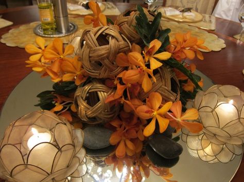 Filipiniana table setting-adorned w/ rattan balls, capiz shells candle lanterns and native orchids.... Filipiniana Table Setting, Filipino Wedding Table Decor, Filipino Centerpiece Table Settings, Filipino Centerpiece, Filipino Table Setting, Capiz Wedding, Filipino Table Setting Ideas, Pinoy Party, Filipino Decor