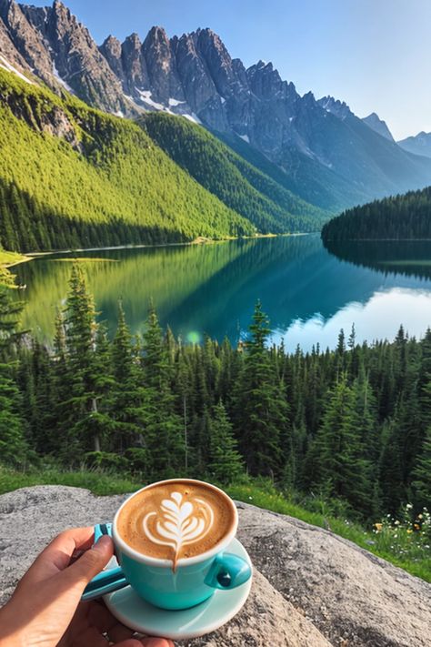 Coffee in Nature's Embrace: Immerse yourself in the beauty of the wild with this captivating Pinterest image. Take your coffee outdoors and let it become one with the picturesque landscape. Whether it's against a majestic mountain range, a serene lake, or a lush forest, experience the harmonious connection between nature and your coffee ritual. Follow our Pinterest board for more #CoffeeInNature inspiration and embark on a journey of breathtaking moments. #AI-generated #AD Emoticon Love, Coffee Inspiration, Picturesque Landscape, Coffee Ritual, Lush Forest, Pinterest Images, Mountain Range, Pinterest Board, The Wild