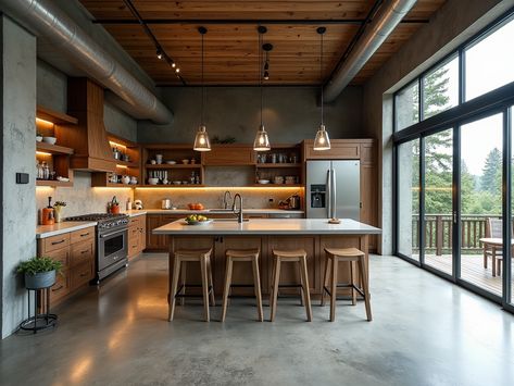 Burnished Concrete Floor Kitchen, Cement And Wood Kitchen, Concrete Kitchen Flooring, Concrete Flooring Kitchen, Concrete Floors Ideas, Kitchen With Concrete Floors, Cement Kitchen Floor, Concrete And Wood Kitchen, Concrete Floor Kitchen