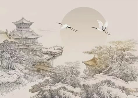 Chinese Landscape Illustration, Chinese Background Landscape, Decor Over Tv, Wall Wallpaper Texture, Asia Wallpaper, Travel Mural, Jade Palace, Chinese Wedding Decor, Wedding Wallpaper